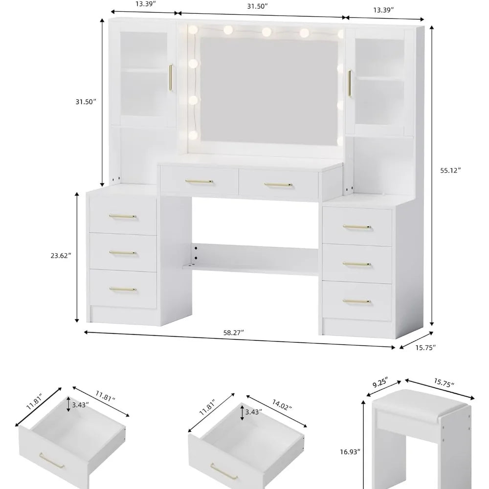 58.3 Large Vanity Desk with Mirror & Lights, Makeup Vanity with 10 LED Lights, 8 Metal Sliding Drawers & 2 Cabinets
