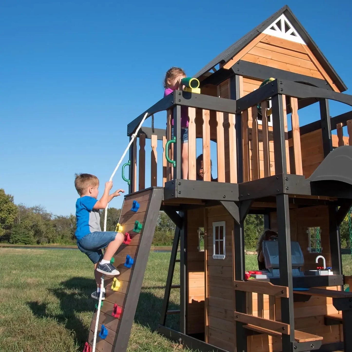 Canyon Creek Cedar Wood Swing Set with Wave Slide, Clubhouse, Play Kitchen, Picnic Area, Belt Swings, Web Swing, Rock Wall,