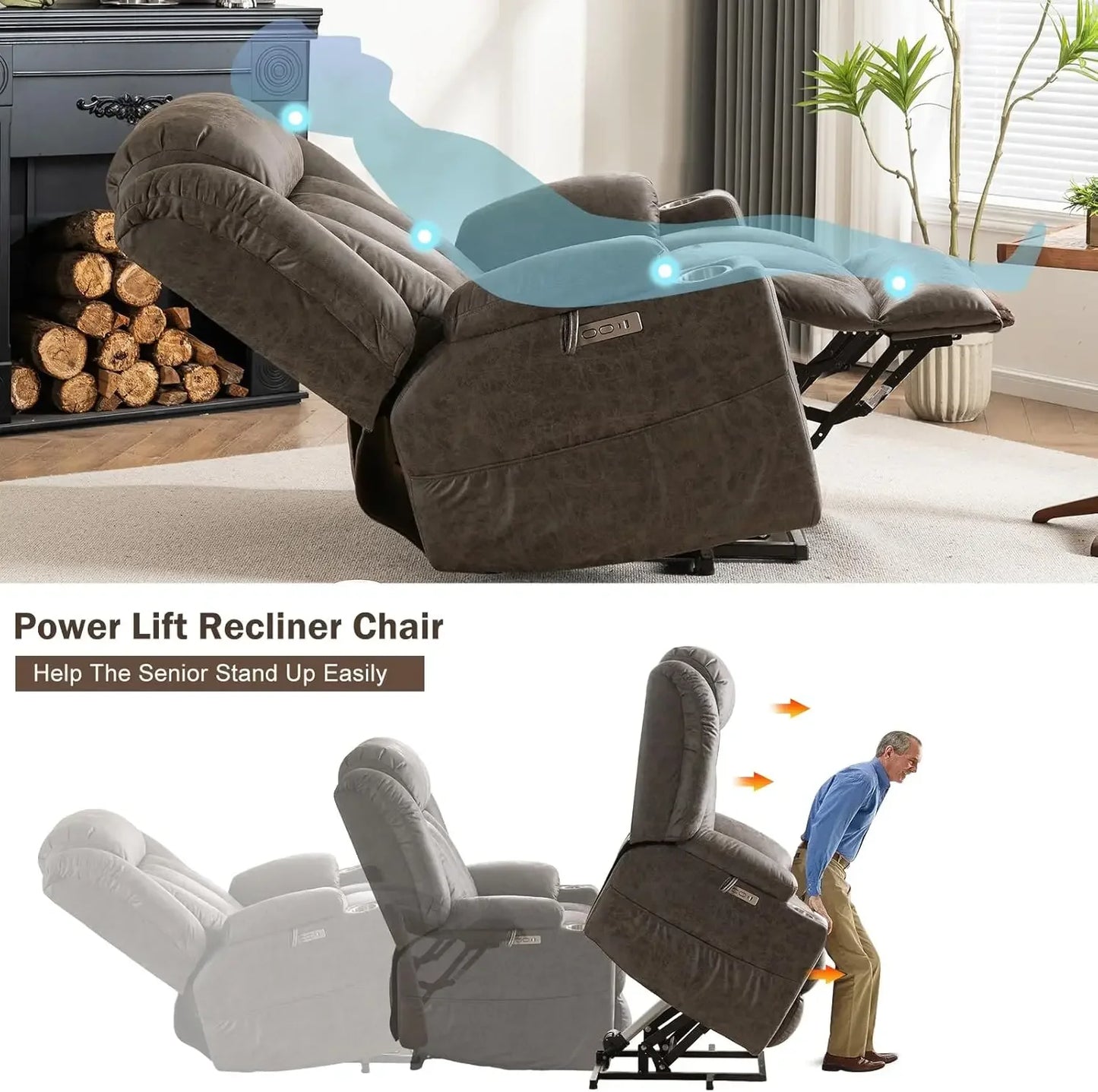 NEW Oversized Power Lift Recliner Chair with Massage and Heat for Elderly, Overstuffed Wide Recliners, Breathable Leather Lift