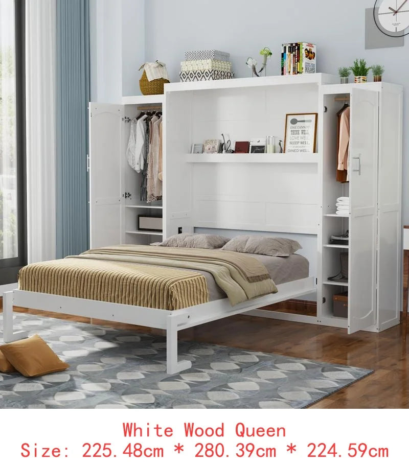 Full Size Murphy Bed with 2 Wardrobes & Storage Shelves, Multifunctional Foldable Platform Bed Frame for Guest Room & Bedroom,