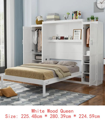 Full Size Murphy Bed with 2 Wardrobes & Storage Shelves, Multifunctional Foldable Platform Bed Frame for Guest Room & Bedroom,