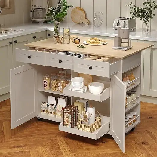 Kitchen Island Cart with 47.2" Wood Top, with Storage Cabinet & Drop Leaf, Rolling Kitchen Table