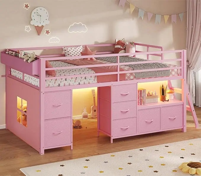 Low, Loft Bed Twin Size with 7 Storage Drawers, Bookcase and LED Lights, Metal Kids Loft Bed with 14" H Safety Guardrail, Incline Ladder