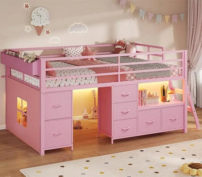 Low, Loft Bed Twin Size with 7 Storage Drawers, Bookcase and LED Lights, Metal Kids Loft Bed with 14" H Safety Guardrail, Incline Ladder