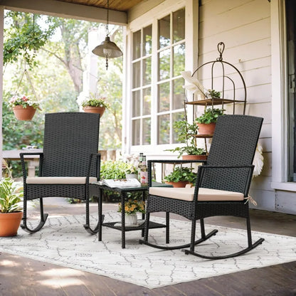 Rocking Chair Outdoor, Glass Table, High Back Porch Rocker for Balcony Garden Backyard (Beige)