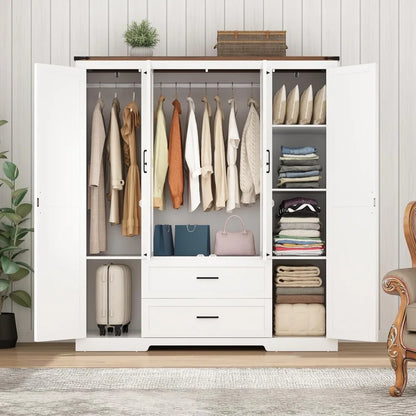 Wardrobe Armoire Closet with Doors and Drawers, Farmhouse Wooden Armoire Storage Cabinet with Shelves & Hanging Rod