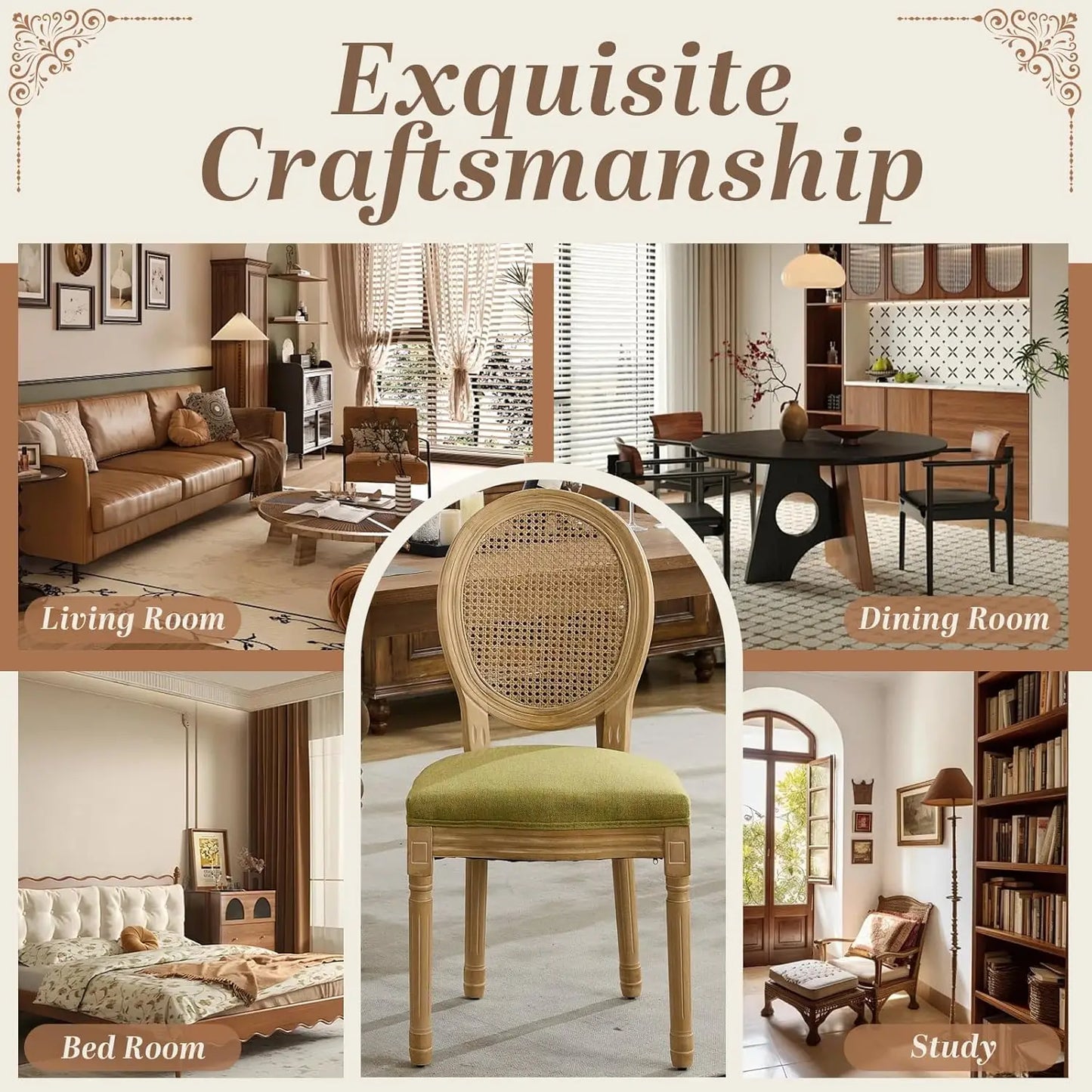 French Dining Chairs Set of 4, Dining Chair with Round Back, Wood Leg Farmhouse Country Rattan Dining Chair for Kitchen,
