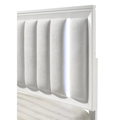 King Size Bed + 2xNightstand 3pc Set, Panel Bed Upholstered Cushion LED Lights Headboard