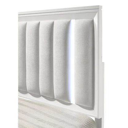 King Size Bed + 2xNightstand 3pc Set, Panel Bed Upholstered Cushion LED Lights Headboard