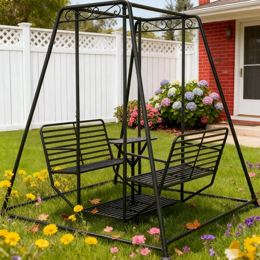 Outdoor Patio Swing Chair with Stand and Table, Hanging Swings with Heavy-Duty Steel Frame, Anti-Rust