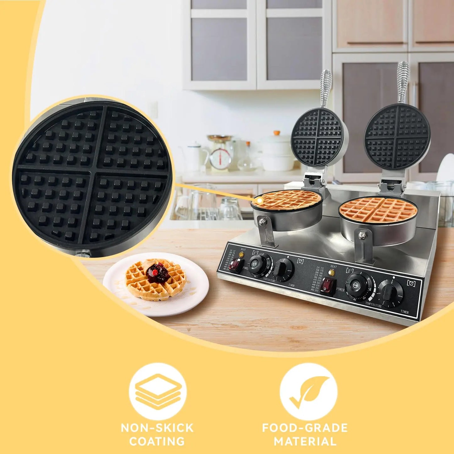 Commercial Waffle Maker Machine 122℉-572℉ Temp. Time Control Nonstick Stainless Steel For Home, Restaurant, motel.