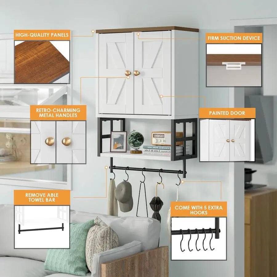 Farmhouse, Medicine Cabinet,  Wall Mounted Storage Organizer with Adjustable Shelves, Towel Bar, 5 Hooks for Small Bathroom,