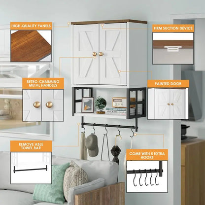 Farmhouse, Medicine Cabinet,  Wall Mounted Storage Organizer with Adjustable Shelves, Towel Bar, 5 Hooks for Small Bathroom,
