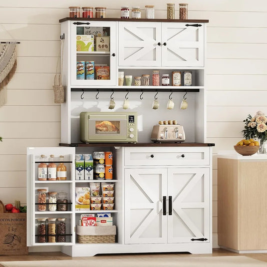 Farmhouse Kitchen Pantry Cabinet, Kitchen Cabinet with Drawer & Doors, Barn Doors Storage Cabinets with Adjustable Shelf