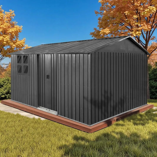 12x10 Ft Storage Shed Outdoor, XL Permanent Steel Building with Window, Sliding Doors and 4 Air Vents for Backyard, Garden, Patio