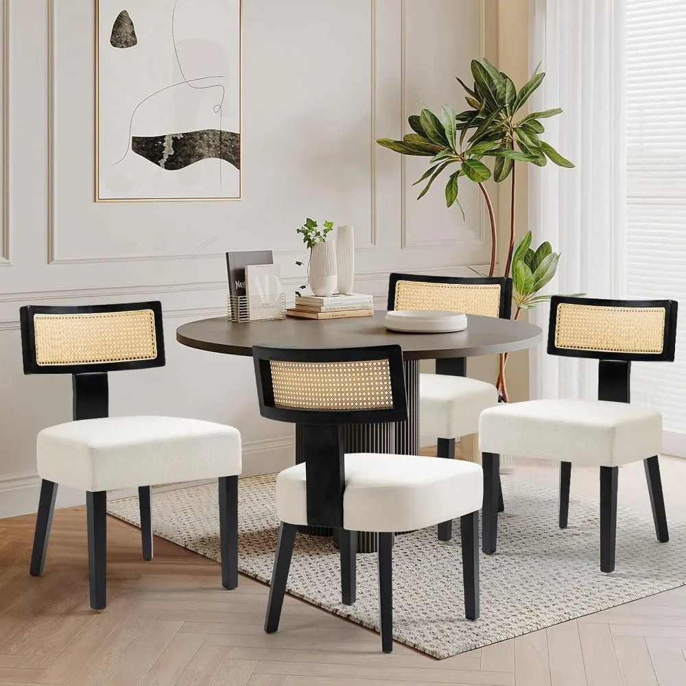 4-Pack Mid-Century Rattan Dining Chairs, Fabric Upholstered, Curved Back & Armless