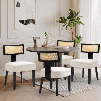 4-Pack Mid-Century Rattan Dining Chairs, Fabric Upholstered, Curved Back & Armless