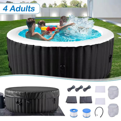 2-4 Person Inflatable Hot Tub, Round, Portable, 120 Air Jets, PVC, Outdoor Spa with Cover