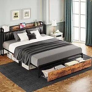 California king platform bed frame with storage headboard drawers included, no box spring required