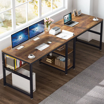Two Person Desk with Bookshelf,  Computer Office Double Desk for Two Person, Rustic Writing Desk Workstation