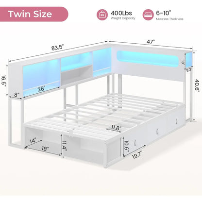 twin corner bed frame with bookcase storage & led light headboard, metal daybed with 3 drawers & 2 open cubbiies