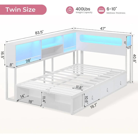 twin corner bed frame with bookcase storage & led light headboard, metal daybed with 3 drawers & 2 open cubbiies