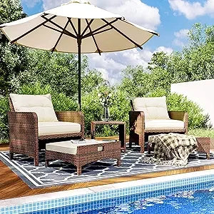 5 Pieces , Rattan Balcony Furniture with Ottomans, PE Wicker Outdoor Patio Chairs Set with Coffee Table