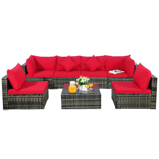 7PCS Patio, Rattan Furniture Set Sectional Sofa,  Red Cushion