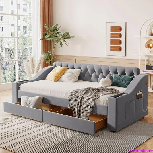 Twin Size Daybed with Upholstered Storage Armrests, USB Charging Port, and Wood Slat Support, Including 2 Drawers