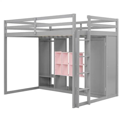 Full-Size Wood Loft Bed with Wardrobe, Shelves, and Storage Cabinet, Gray and Pink