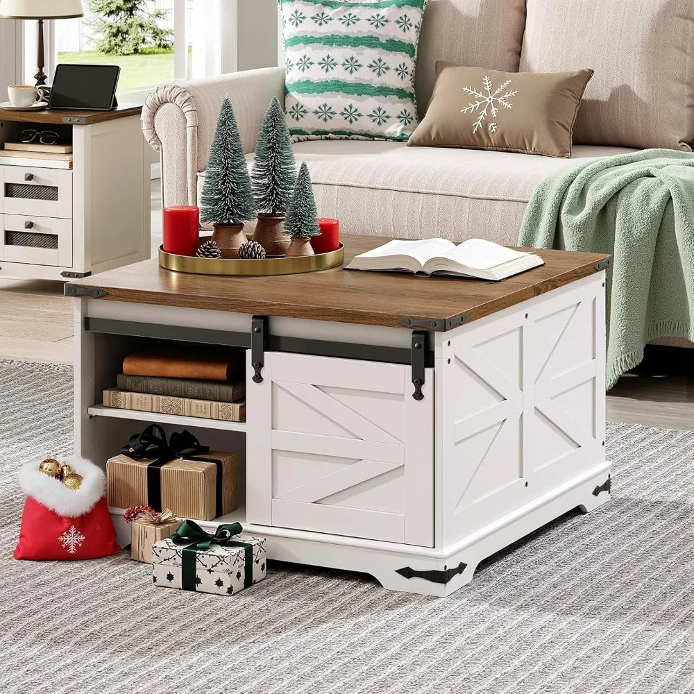 Large, Square, White, Farmhouse Coffee Table with Lift-Top Storage