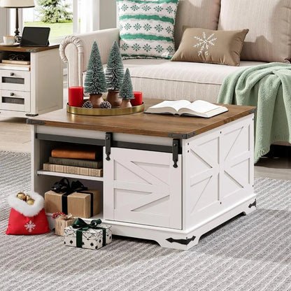 Large, Square, White, Farmhouse Coffee Table with Lift-Top Storage
