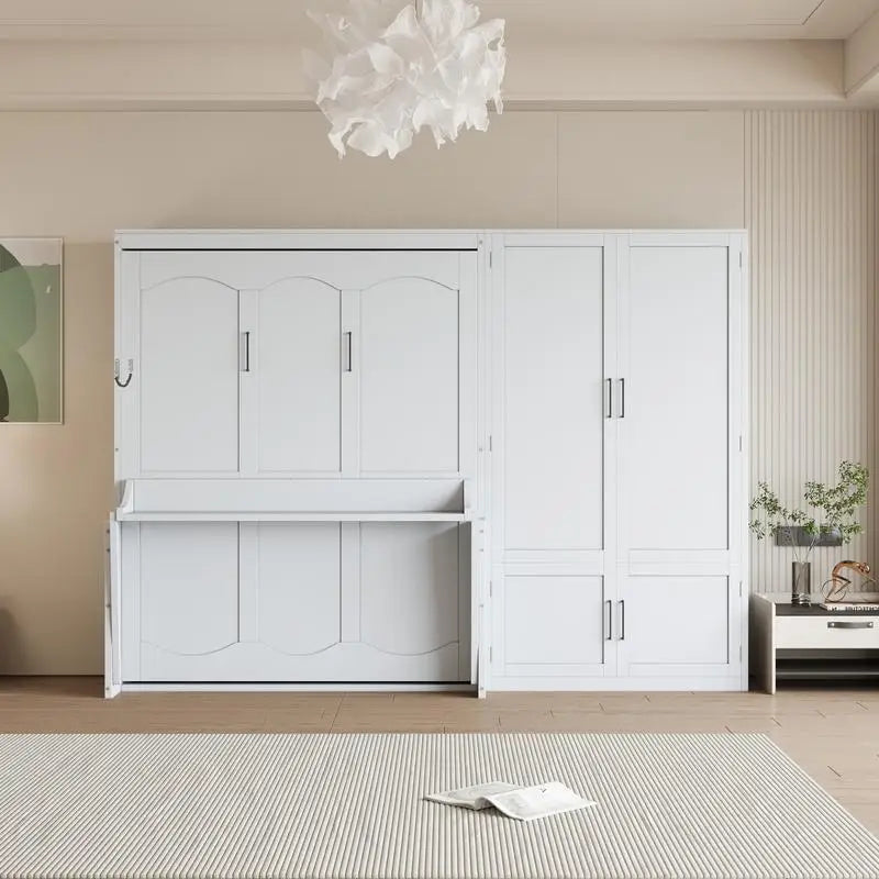Queen Size Murphy Bed Wall Bed with Closet - White, Space-Saving Design, Ideal for Small Living Areas,