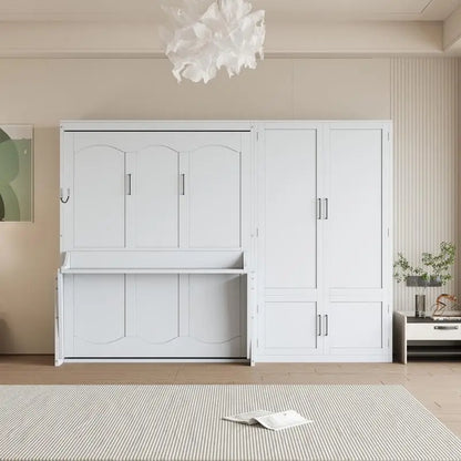 Queen Size Murphy Bed Wall Bed with Closet - White, Space-Saving Design, Ideal for Small Living Areas,