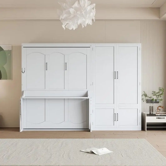Queen Size Murphy Bed Wall Bed with Closet - White, Space-Saving Design, Ideal for Small Living Areas,