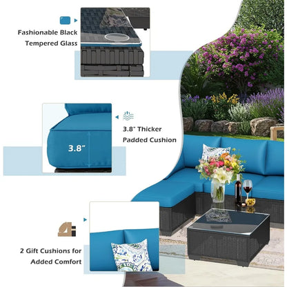 7 Piece Outdoor Patio Furniture Set, PE Rattan Outdoor Wicker Sectional Furniture Chair Set with Cushions and Table
