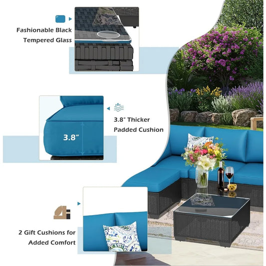 7 Piece Outdoor Patio Furniture Set, PE Rattan Outdoor Wicker Sectional Furniture Chair Set with Cushions and Table