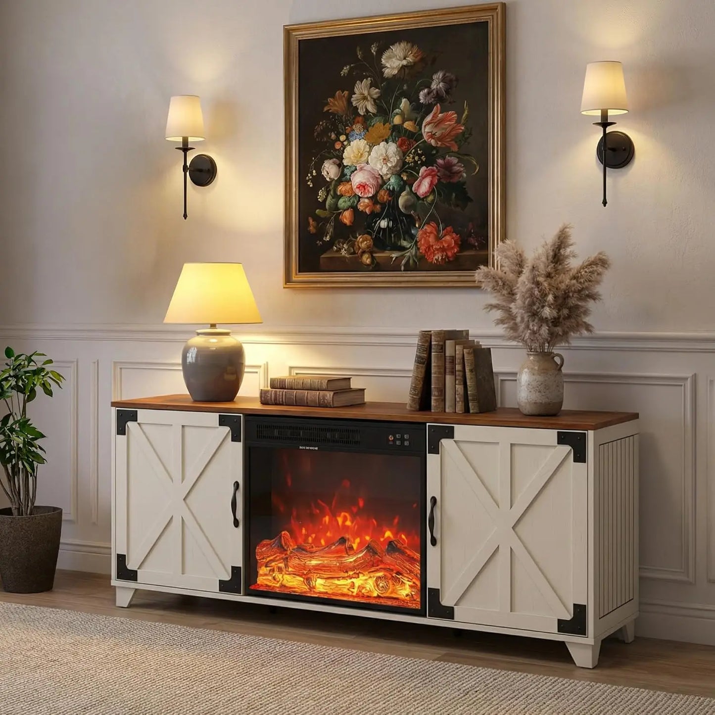 Fireplace TV Stand, Farmhouse Entertainment Center with 23" Electric Fireplace for TVs UP to 65",