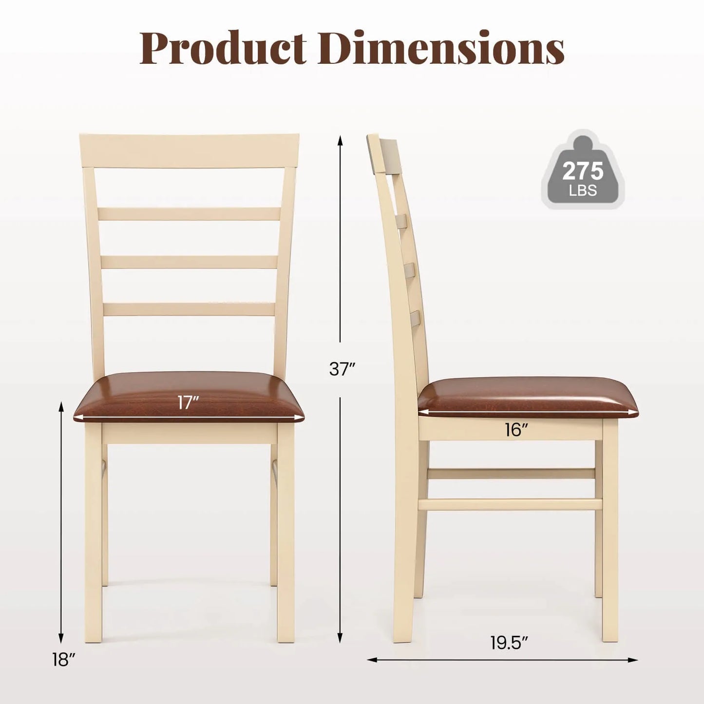 Wooden dining chair set of 2 with rubber wood frame padded seat for kitchen