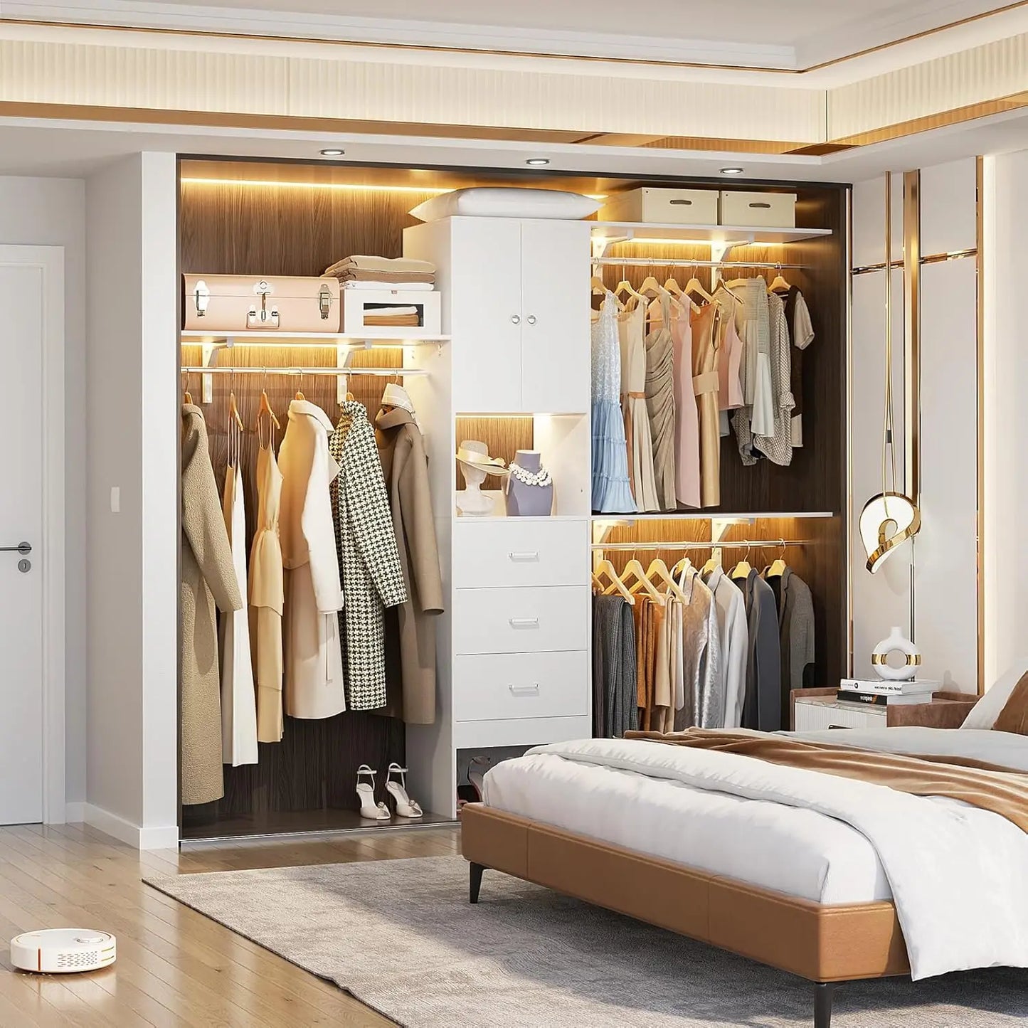 96 Inches Walk In Closet System with Doors & 3 Shelving Towers, Heavy Duty Clothes Garment Rack with 3 Wood Drawers