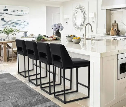 Black Upholstered Counter-Height Bar Stools, Set of 4 – Modern Kitchen Island Chairs with Backs