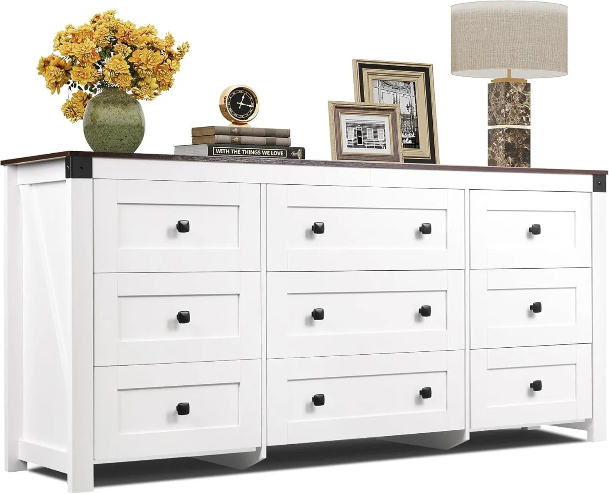 Farmhouse Dresser for Bedroom, 63" Wide 9 Drawer Dresser Storage Organizer, Wood Chest of Drawers, TV Stand