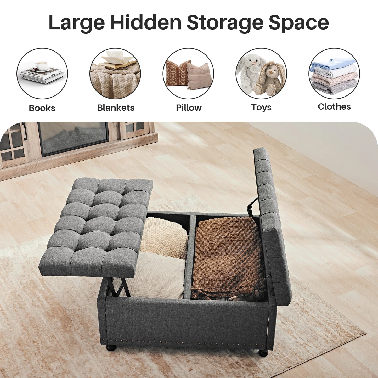 35" Large Square Storage Ottoman Bench, Upholstered Coffee Table, Lift Top Storage Ottoman Tufted Fabric for Living Room