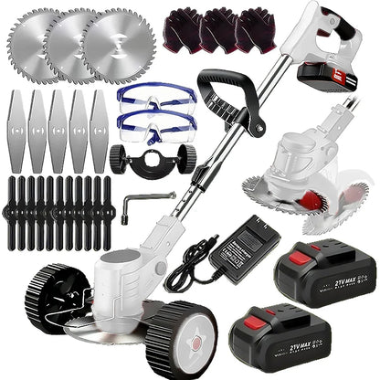 Wireless portable weed trimmer with 2 lithium batteries and comes with replaceable blades