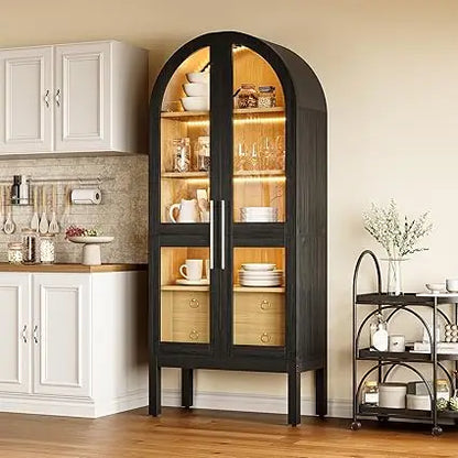75 Inch Tall Modern Arched Kitchen Pantry Cabinet with Two Large Drawers and Lighting