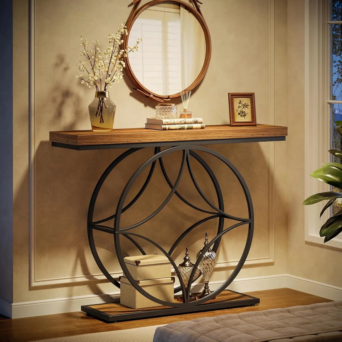 47in 2-Tier Industrial Console Table Storage Shelf, Entryway, Behind Couch, Rustic Brown