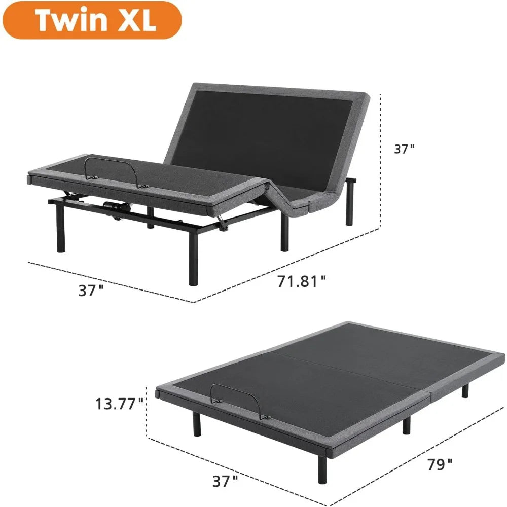 "twin xl ergonomic adjustable bed base with wireless remote, usb charging, and head/foot tilt features"
