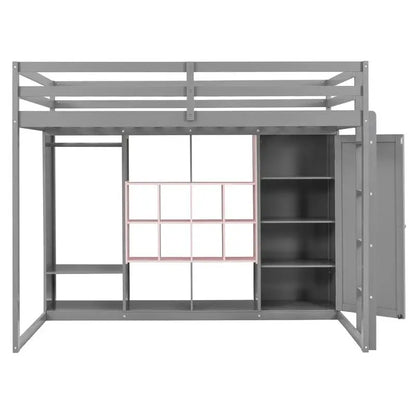 Full-Size Wood Loft Bed with Wardrobe, Shelves, and Storage Cabinet, Gray and Pink