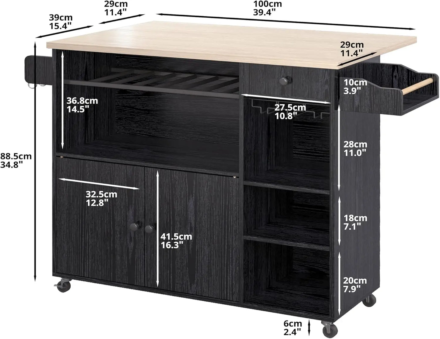 Rolling Kitchen Island Cart with Drop-Leaf and Wine Rack,  Serving Cart on Wheels with Drawer & Shelves