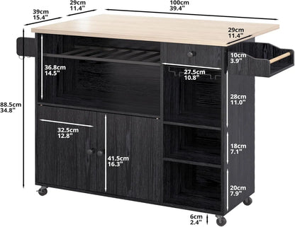 Rolling Kitchen Island Cart with Drop-Leaf and Wine Rack,  Serving Cart on Wheels with Drawer & Shelves